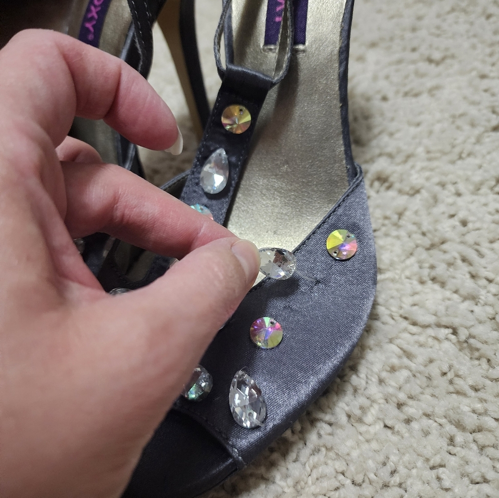 New Mojo Moxy gray rhinestone t-strap heel